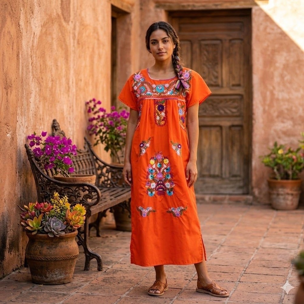 Vibrant Mexican Huipil Dress Hand Embroidered Floral Boho Midi Artisan Made XS